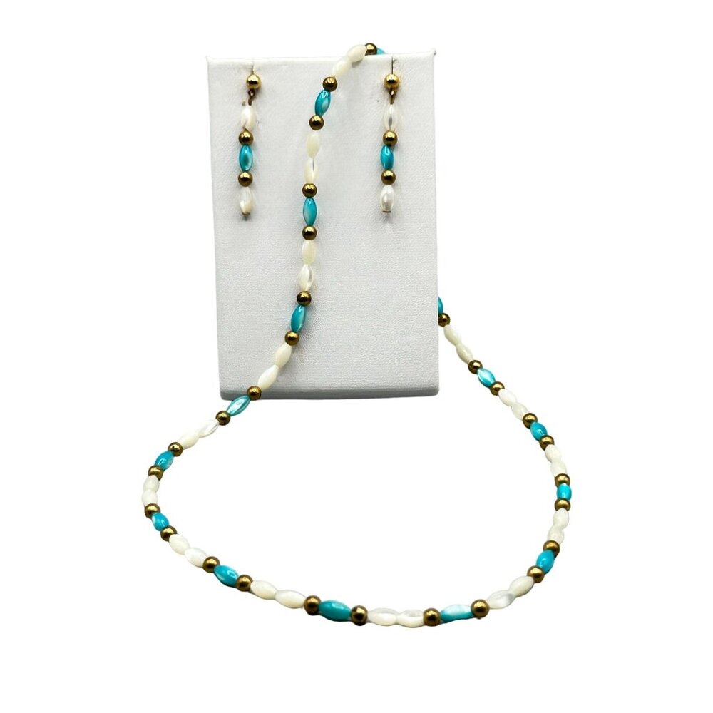 Necklace & Earrings Set White Turquoise Dyed Mother of Pearl Beads Gold Accents